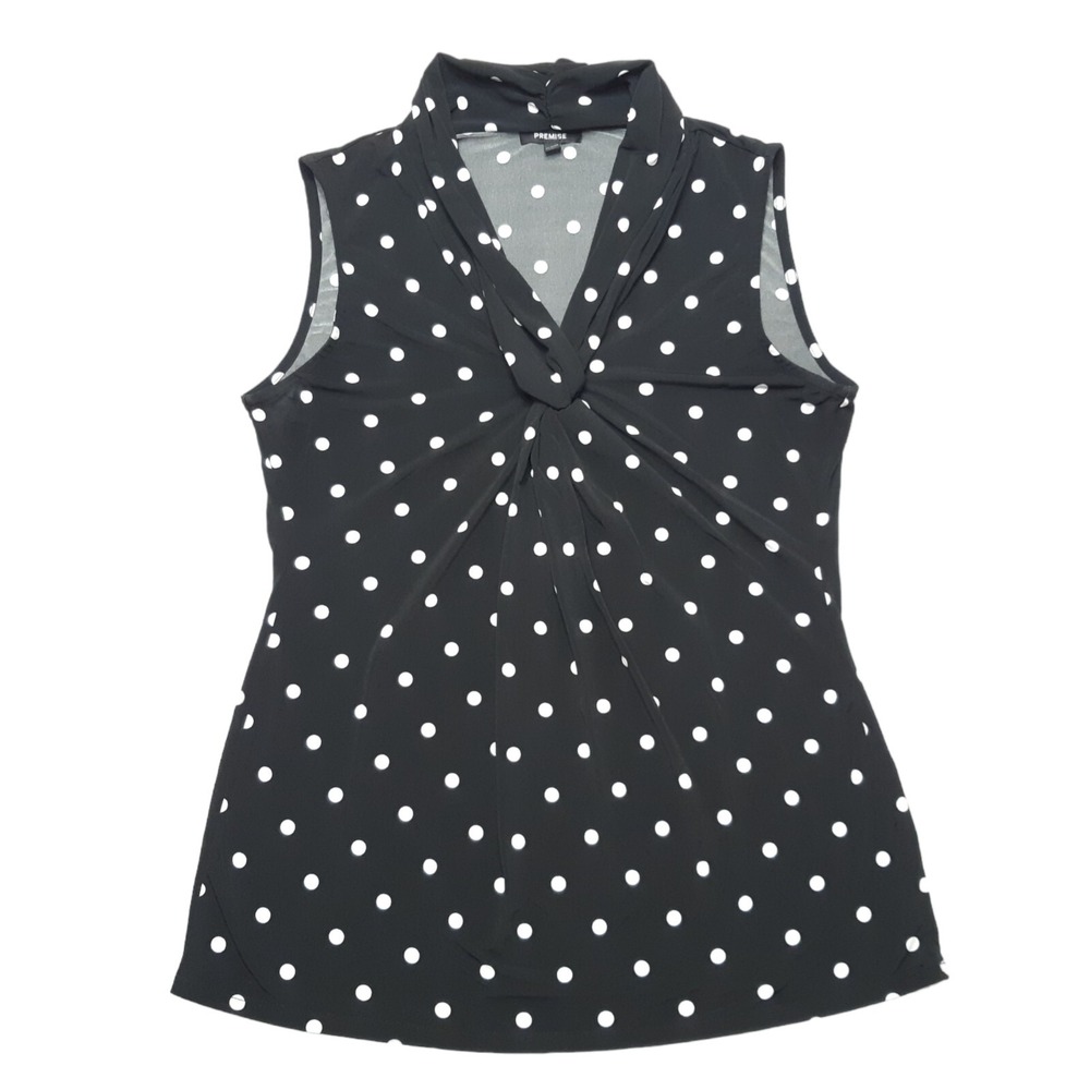 Premise‎ Blouse Womens Large Black Polka Dot Twist Front V Neck Sleeveless Top